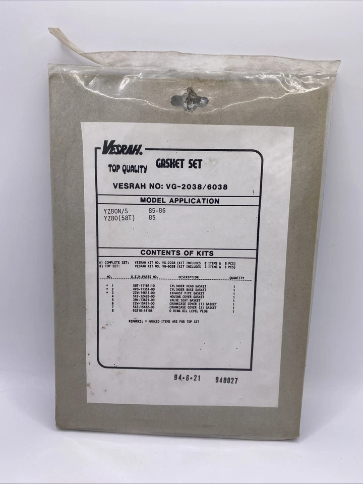 Juego de juntas VESRAH TOP END Yamaha YZ80 YZ80N/S (58T) 1985-86 VG-6038 (BB-206) Foto 2 de 4