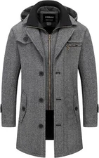 Men's Classic Long Pea Coat Warm Wool Blend Winter Trench Single Overcoat