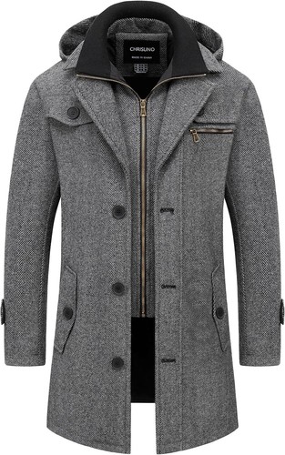Men's Classic Long Pea Coat Warm Wool Blend Winter Trench Single Overcoat