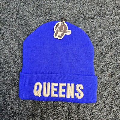 QUEENS NY 3D Embroidered Plush Lining Fold Knitted Warm Ski Winter Hats Blue V5a
