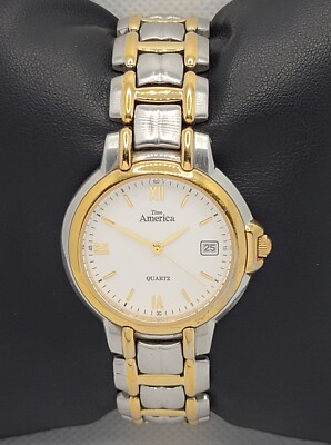 Mens Time America Classic Round Two Tone White Dial Date Bracelet Watch L9