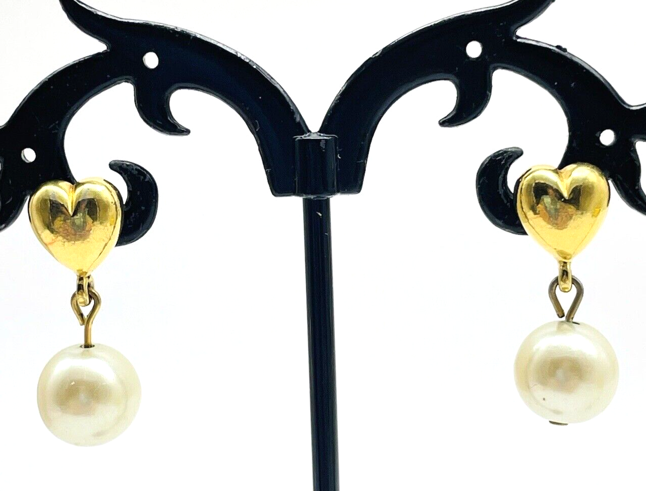 Gold-Tone Heart Stud Earrings with Simulated Pearl Drop for Valentine Bridal-image