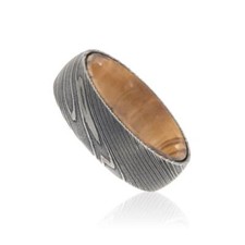 New 7mm Wide Damascus Steel Ring with a Bethlehem Olive Wood Sleeve