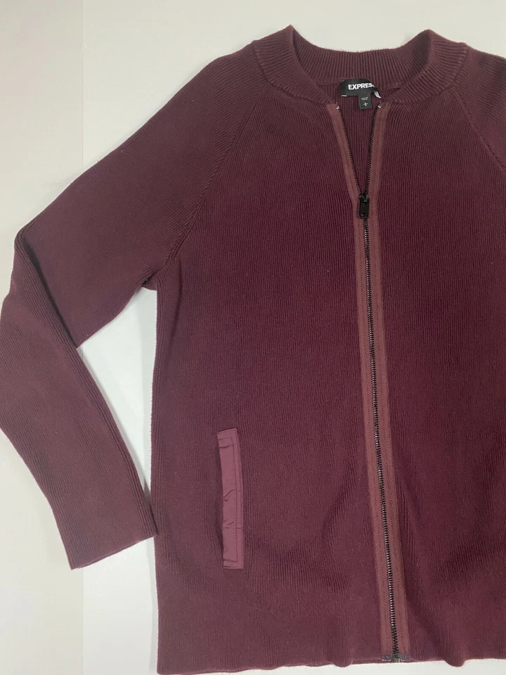 Express Sweater Mens Large red stretch full zip burgundy pockets - Image 3 of 4