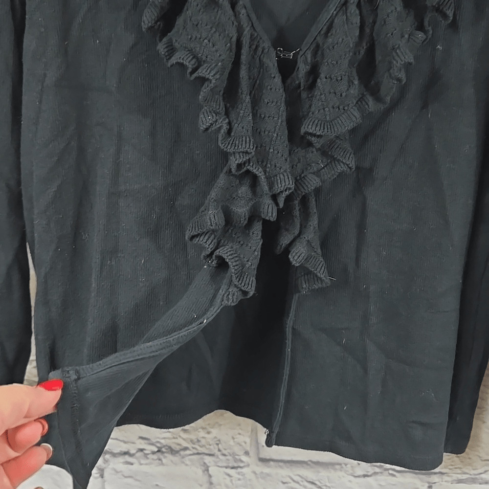 Rafaella Ruffled Solid Black Pointelle Cardigan S… - image 5