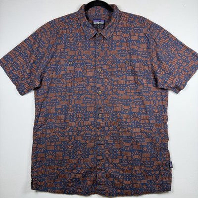 Patagonia Men Shirt L Back Step Shirt Tribal FA19 Stone Blue Hemp Organic Cotton