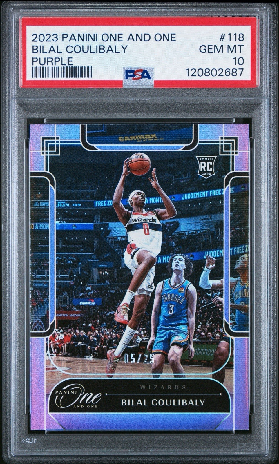 2023-24 Panini One and One - Rookies Bilal Coulibaly #118 Purple/25 (RC) GEM 10