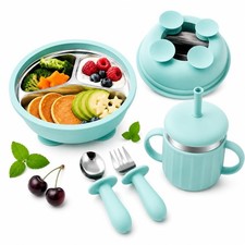 Stainless Steel Toddler Plates Suction Baby Feeding Set Divided Plate Cup