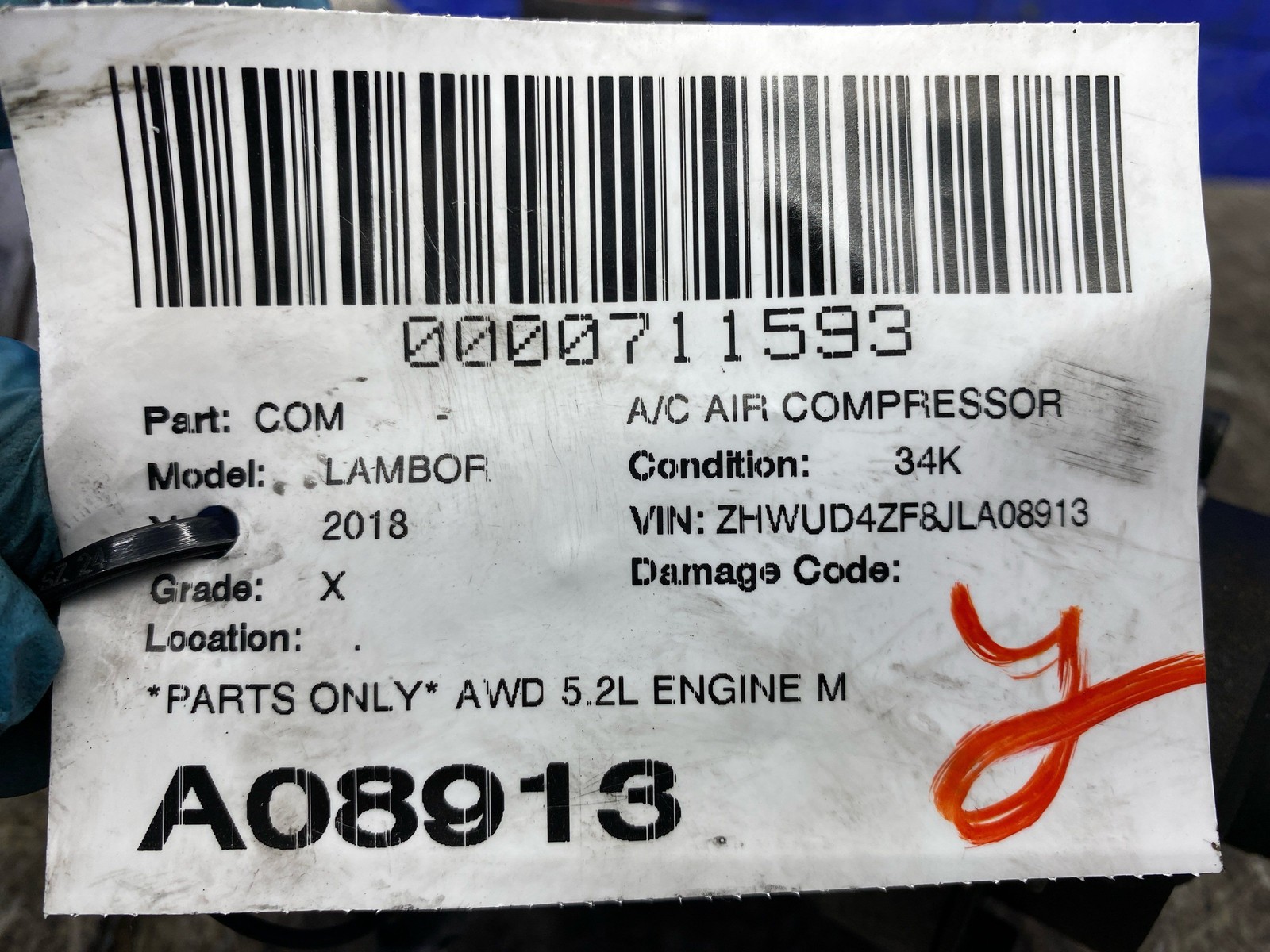 LAMBORGHINI HURACAN AWD 5.2L ENGINE MOTOR AC AIR CONDITIONING COMPRESSOR OEM