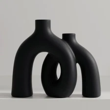Matte Black Vase Set - Hug Hollow Donut Aesthetic Ceramic Vases Home Decor, M...