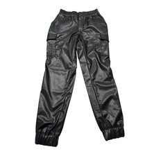 Madden Girl Black Faux Leather Cargo Jogger Pants XS High Waisted Elastic Waist
