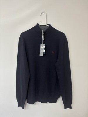 Herren Crew Clothing Company klassischer halber Reißverschluss Strickpullover marineblau Größe Large