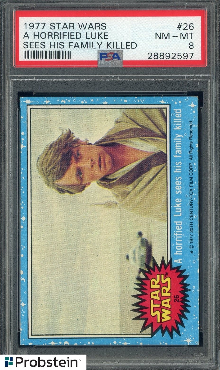 1977 Topps Star Wars #26 A Horrified Luke Sees His Family Killed PSA 8