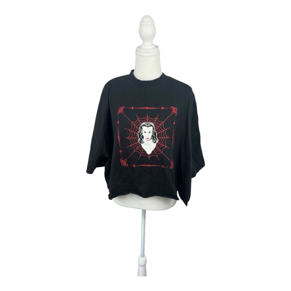 BLACK FRIDAY Black Spiderweb Very Oversized Crop Tee Sz S Goth Alt Witchy #0722