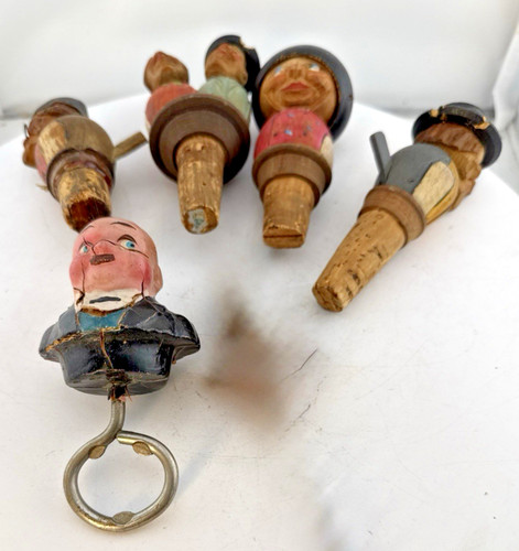 5 Vtg Wood ANRI Cork Hand Carved Articulated Wine Bottle Stoppers Opener