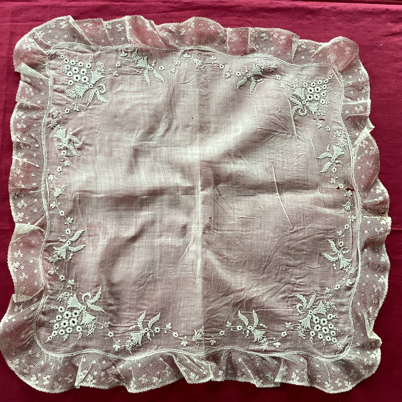 Antique Lace Embroidered Linen Wedding Handkerchief