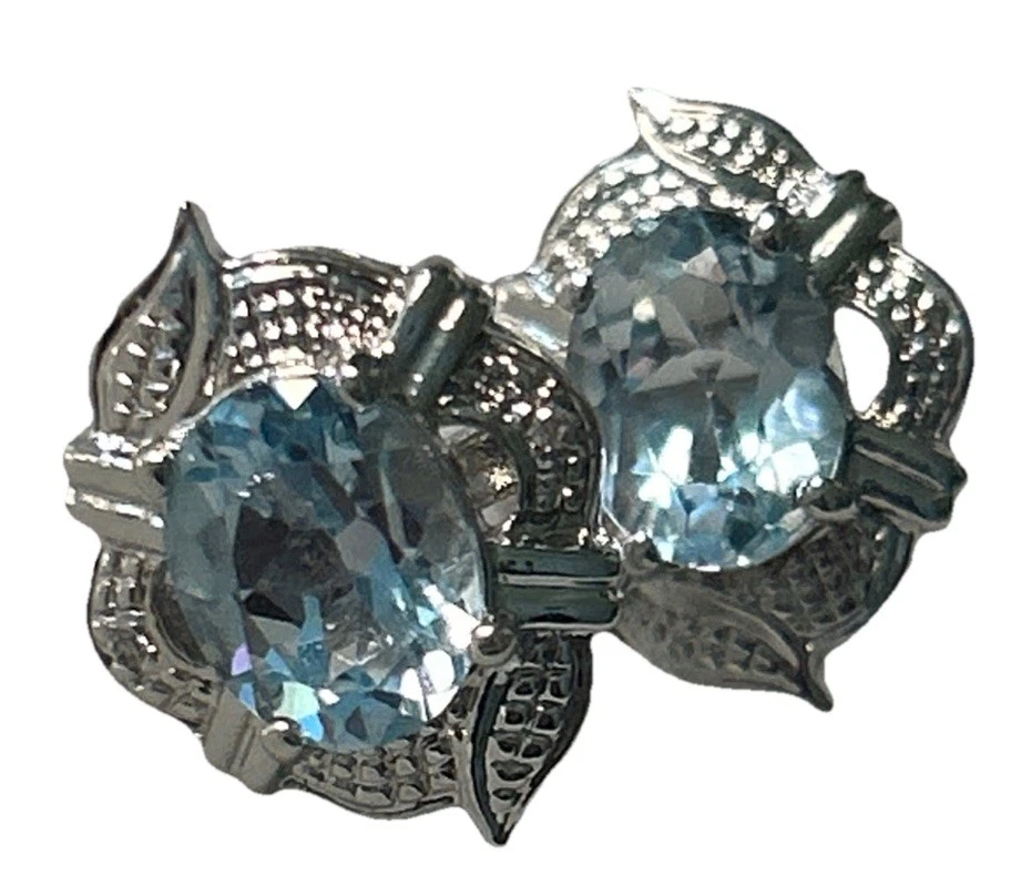 优雅镀铑正品蓝色黄玉和 CZ 耳钉椭圆形,全新带盒 — 第 4/4 张图片