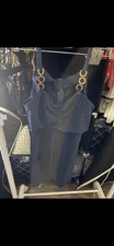 Navy Blue Sleeveless Midi Bodycon Dress Gold Ring Accents Ruched Sweetheart