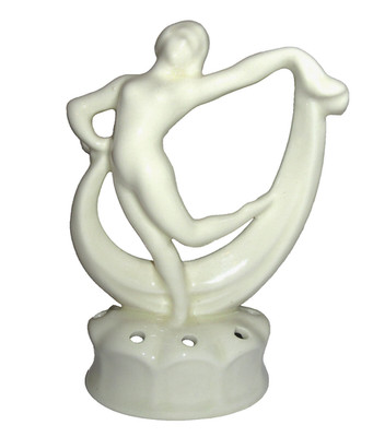 Vtg Nude Lady Flower Frog Scarf Dancer 8 Holes Pottery 6'' Tall Cream Art Deco