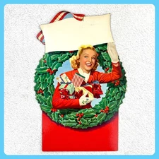 1950s Christmas Woman Vintage Advertising Sign 21" Cardboard Display Wreath USA