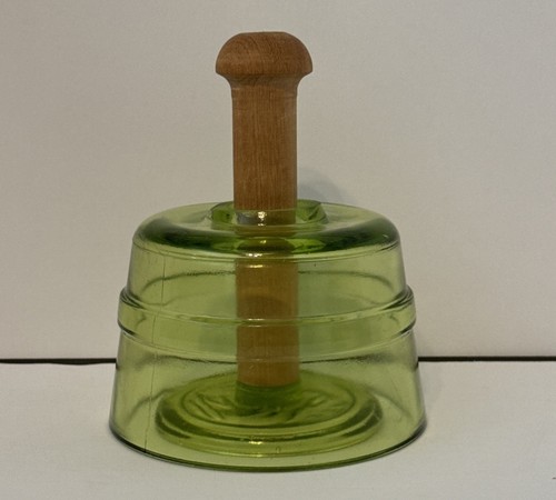 VTG Green Glass Swan Butter Press Mold Wooden Handle Vintage Antique RARE