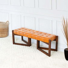 Mid-Century Riley Tan Bedroom Leather Bench with Solid Wood Frame and Tapered Le