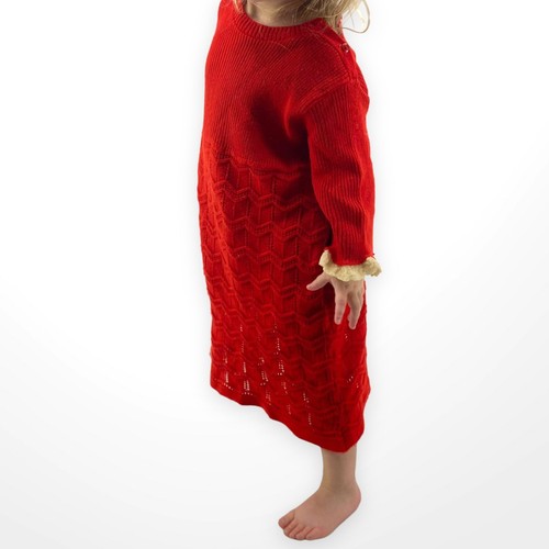 80s Vintage English Red Girl’s Knit Half Sleeve Ribbed Sweater Dress - Picture 4 of 11