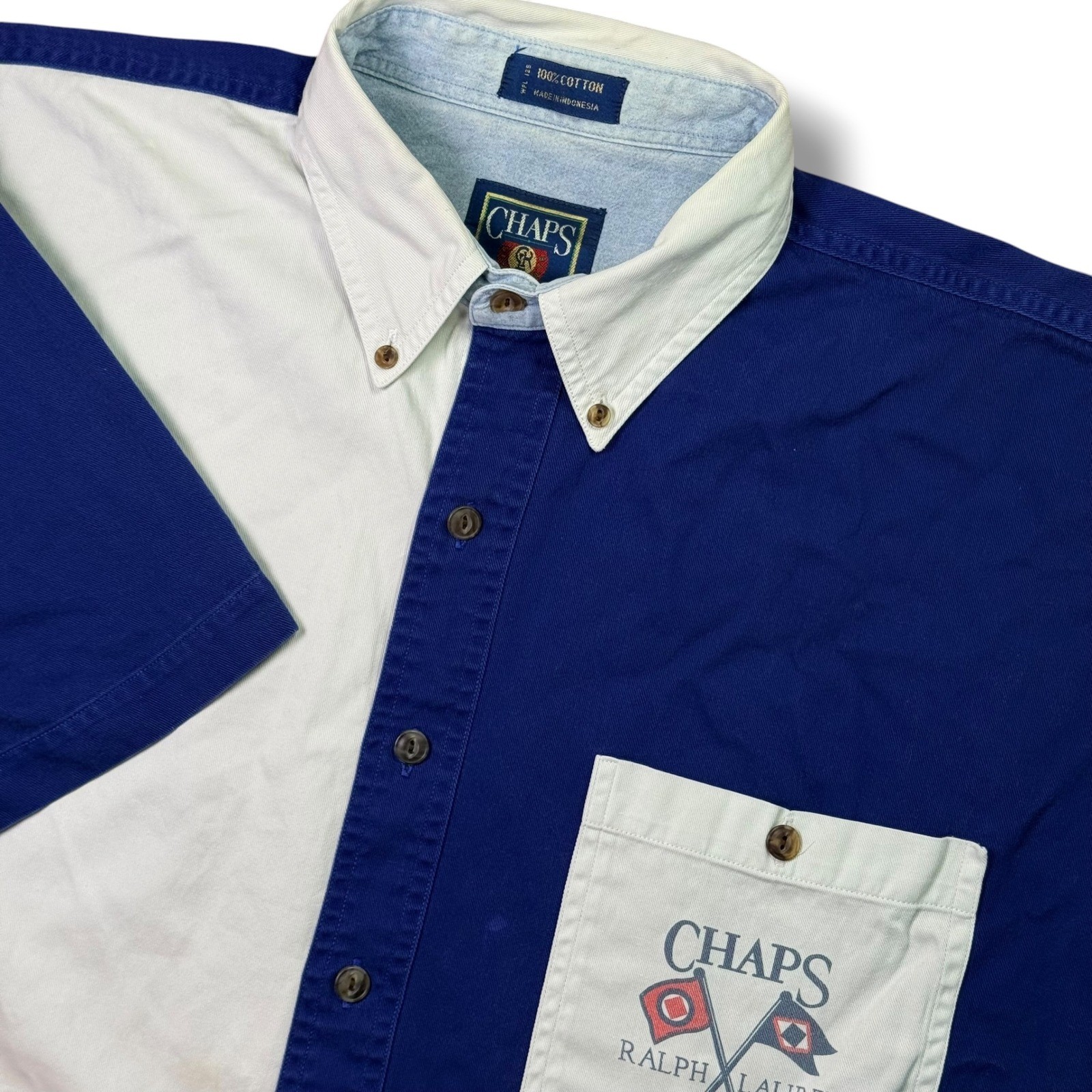 Vintage Chaps Ralph Lauren Button Up Mens Large Blue Colorblock Sailboat Cotton