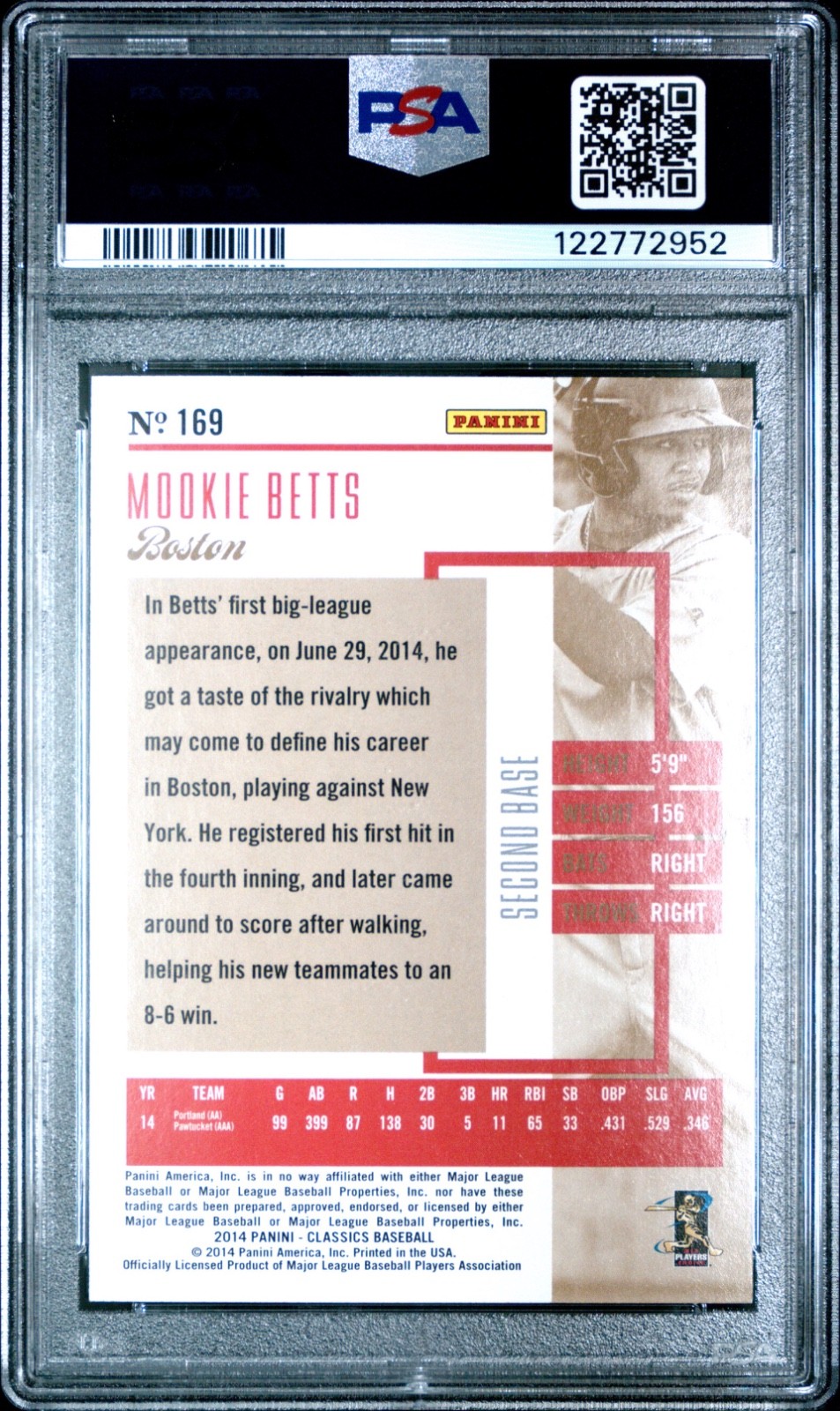Mookie Betts 2014 Panini Classics #169 Rookie Card RC Red Sox Dodgers PSA 9 view 2