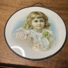 Antique Flue Cover Round Glass Covered Young Girl in Field 9.75" Diameter