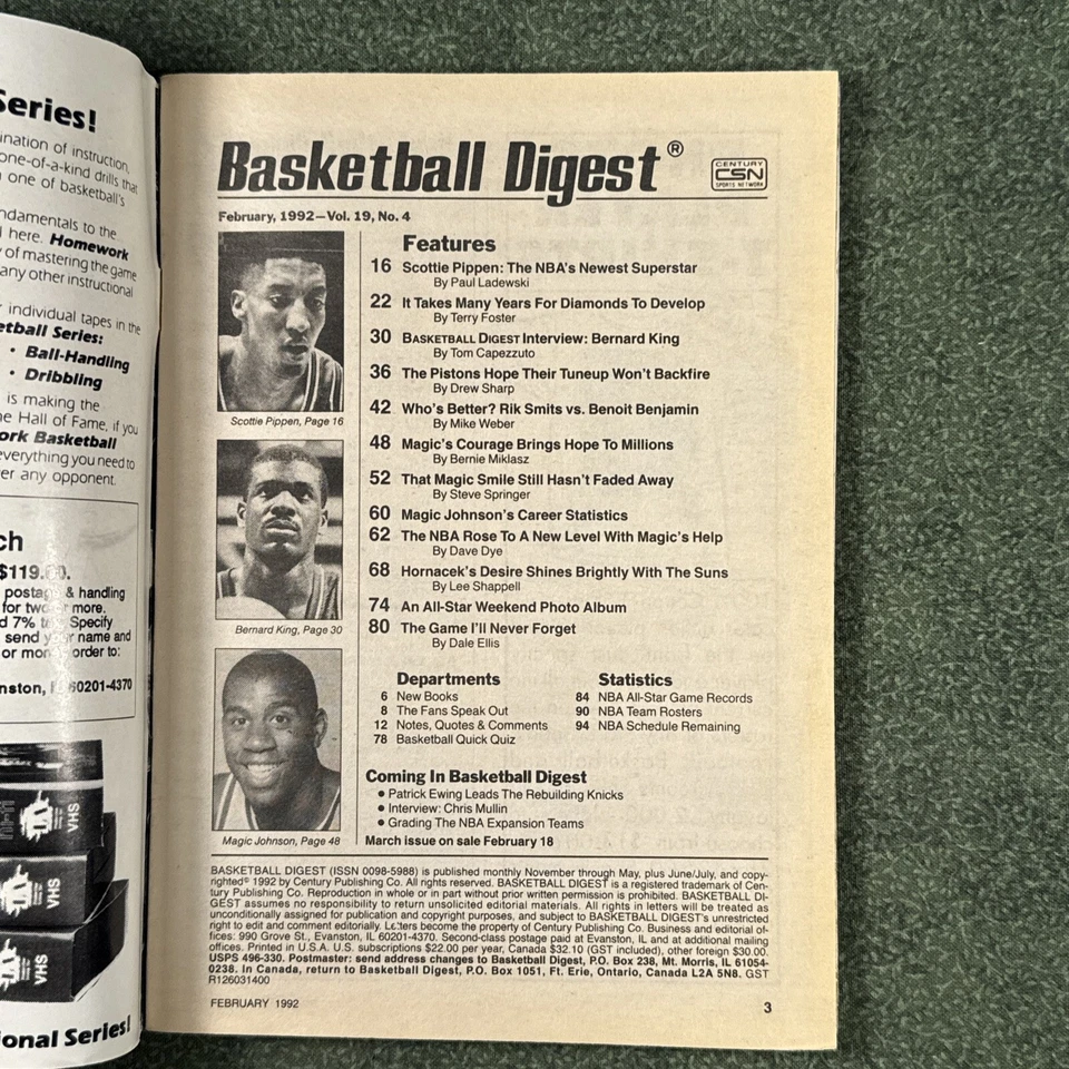 Revista de resumen de baloncesto de febrero de 1992 Scottie Pippen, Chicago Bulls NBA Foto 2 de 4