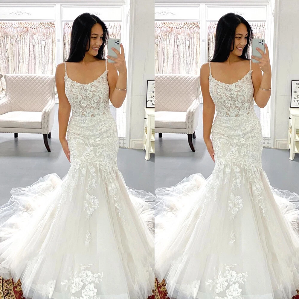 Sexy Mermaid Wedding Dress Spaghetti Straps Bridal Wedding Gown With Court  Train