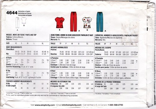 Misses' Men's or Teens' Pants & Top ©2005 Simplicity Scrubs Pattern 4644 XS-XL - Picture 2 of 5