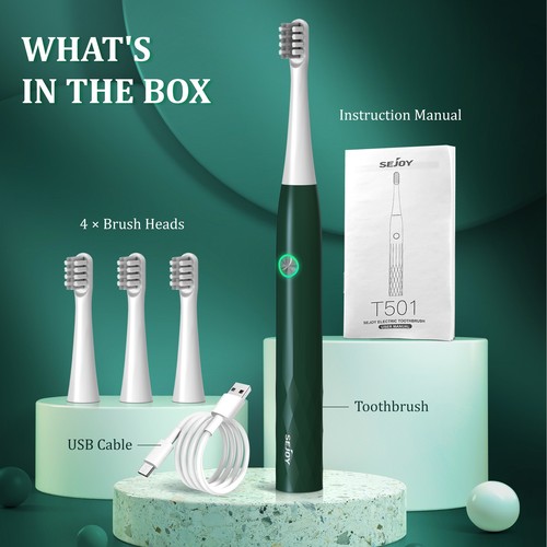 SEJOY Electric Toothbrush Sonic Toothbrush 4 Replacement Heads USB Rechargeable - Picture 9 of 13