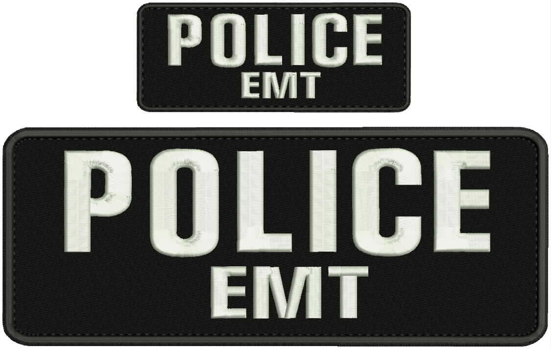 Police EMT embroidery patches 4x10 and 2x5 hook on back white