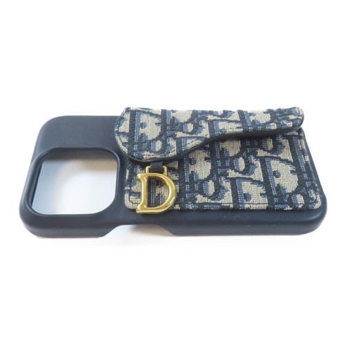 Étui téléphone Christian Dior CD GHW toile cuir veau bleu noir 15 pro
