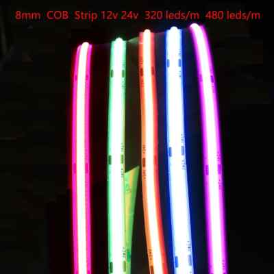 12V 24V 8mm COB LED Strip 480led/m High Density Colorful Flexible FOB Light Tape