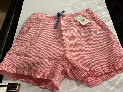 Mini Boden Girls Shorts White Pink Seersucker Cotton Ruffle Elastic Waist Sz 12y