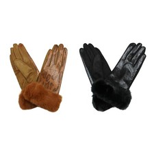 Womens Snakeskin Print Touchscreen Gloves Big Faux Fur Trim Winter Fall