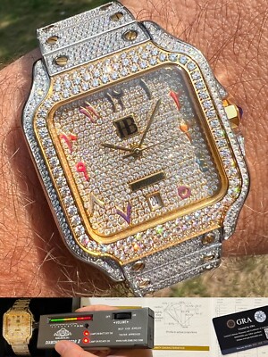 Real 16ct VVS MOISSANITE Watch Iced Automatic Movement Gold Hip Hop Arabic Out