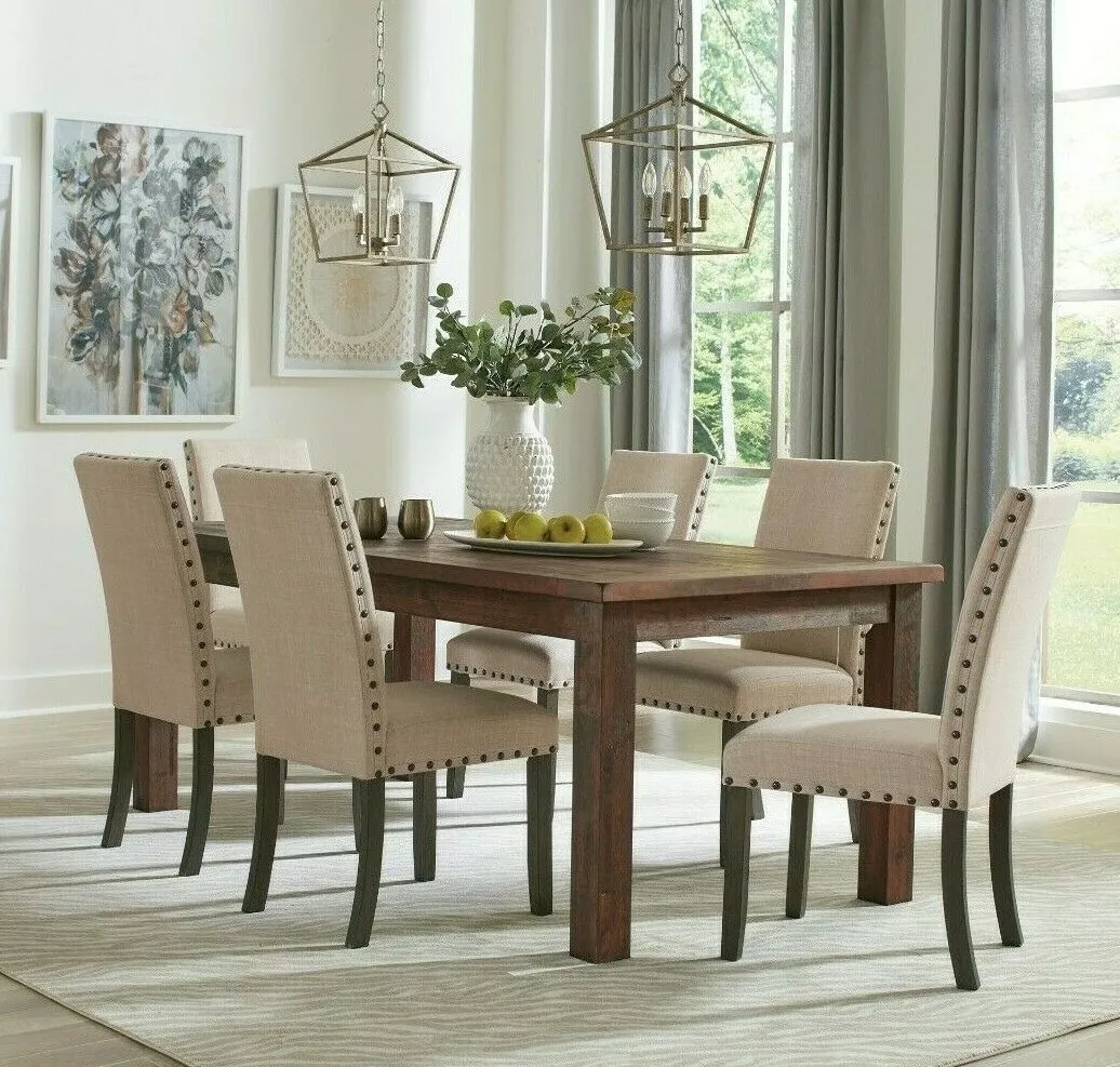 Louis Beige Fabric & Antique Brown Finished Wood 2-Piece Dining