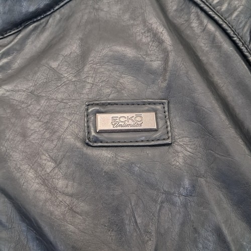 Ecko Unltd Jacket Mens XL Black Leather Look Full Zip Hood Biker Coat Y2K Retro - Picture 6 of 9
