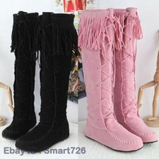 Womens Knee High Boots Tassels Fringe Pull On Flats Moccasin Knight Shoes 4-10.5