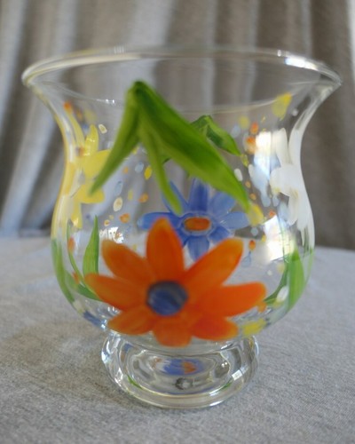 Crate & Barrel handbemalt Blumen Fuß Glas Vase Kerzenhalter Schale Italy - Bild 4 von 9