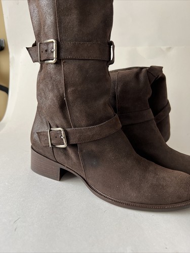Joseph Brown suede Adjustable Buckle Mid Calf Boots Women's Sz 37 1/2 Spain - Picture 7 of 13