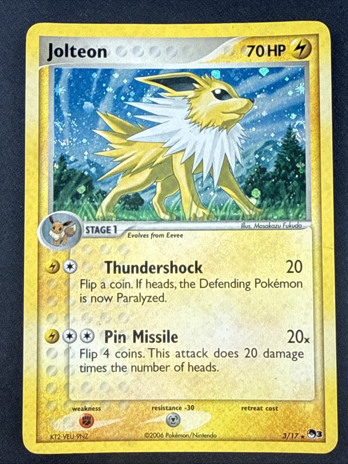 Jolteon Holo 3/17 Pop Series 3 Pokemon Card HP 2006 English #3  Double Swirl
