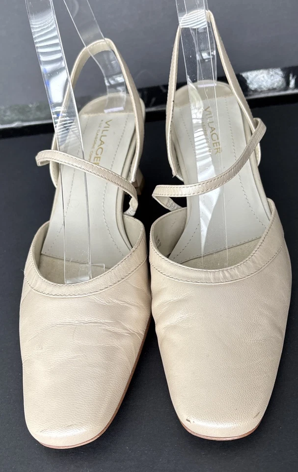 Antigo Liz Claiborne ENKI Estilingue Traseiro Couro Irradescente Marfim Biqueira Amêndoa Tamanho 8.5 - Imagem 2 de 4