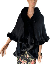 Elegant Warm Sweater Wrap Cape Shawl Lush Soft Black Fax Fur Trim Elegant one sz