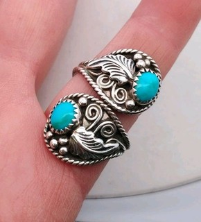 Vintage Navajo Sterling Silver Turquoise Bypass Ring Size 7.5