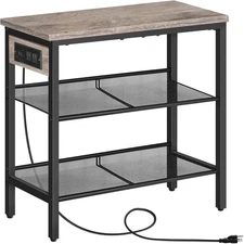 HOOBRO End Table, 3-Tier Narrow Side Table with Charging Greige + Black 